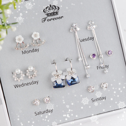 925 Sterling Silver Stud Earrings Set One Week Earring Female Acrylic