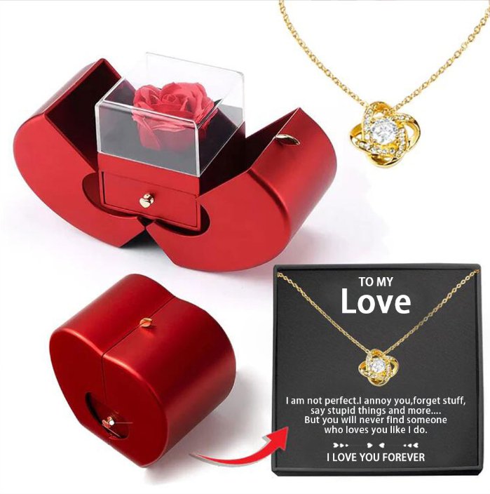 Elegant Red Apple Box With Eternal Rose And Necklace - VitaDeluxe