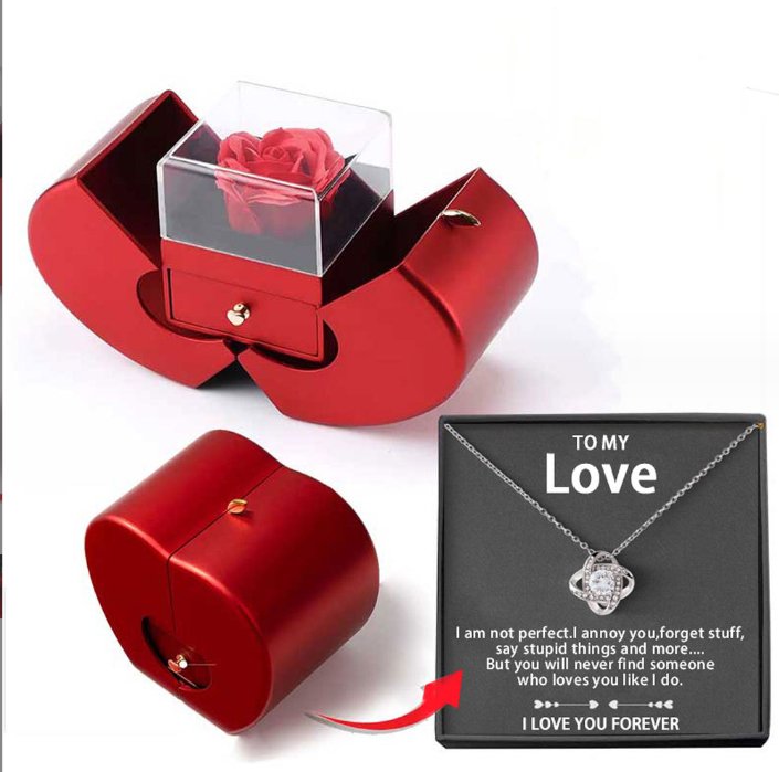Elegant Red Apple Box With Eternal Rose And Necklace - VitaDeluxe